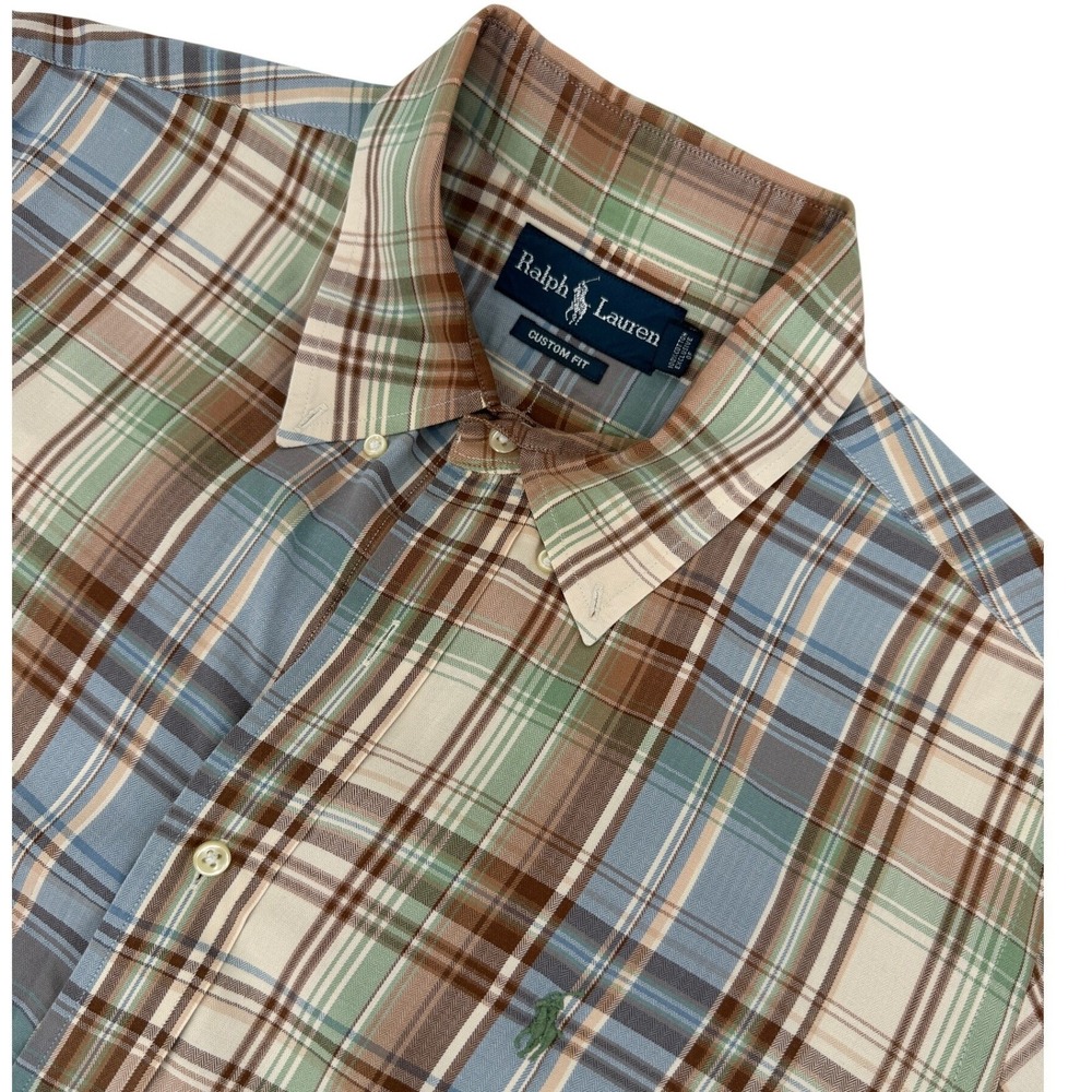 Ralph Lauren Button Down Shirt Mens XL Blue Brown Plaid Custom Fit Long Sleeve